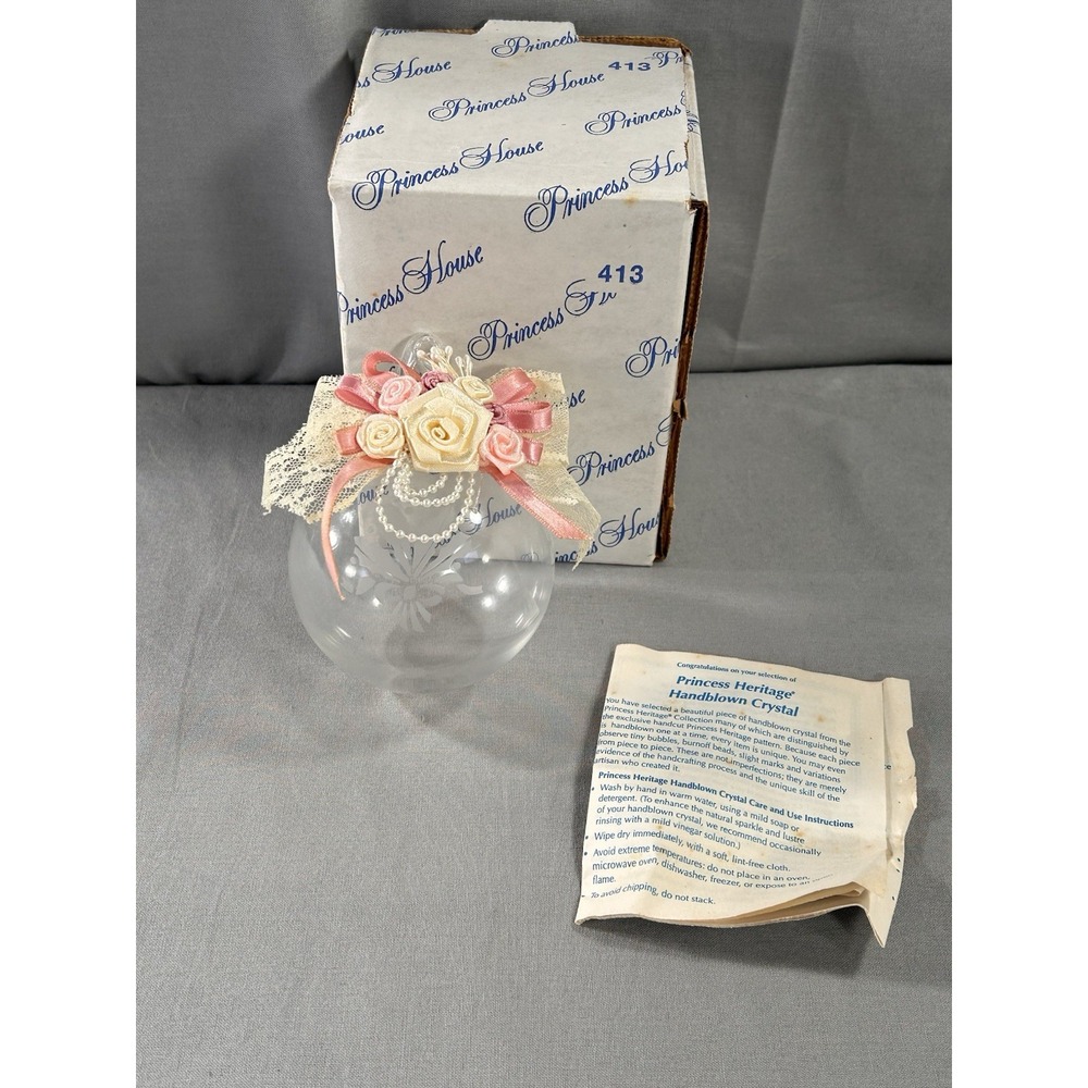 Vintage Princess House Glass Holly Etching Ornament With Lace and Pink Ribbon